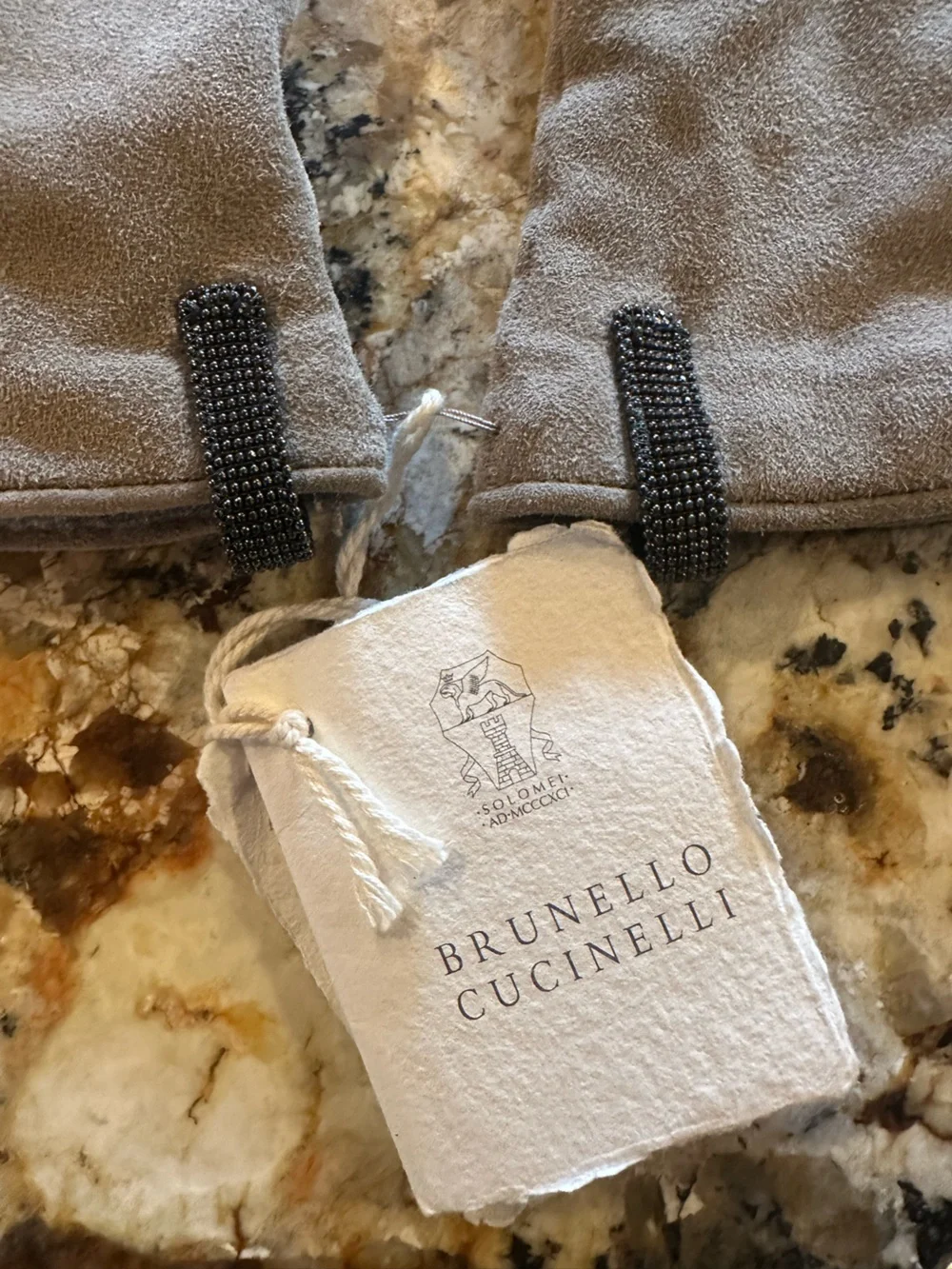 Brunello Cucinelli Women Taupe Suede Gloves with Bead Detail